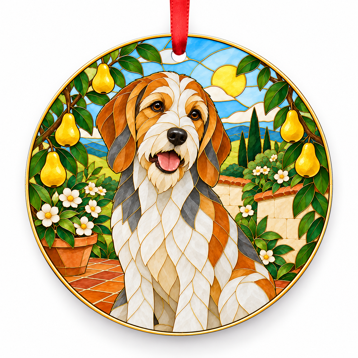 Briquet Griffon Vendéen Orange and White porcelain Christmas ornament with red ribbon — ORN-10338