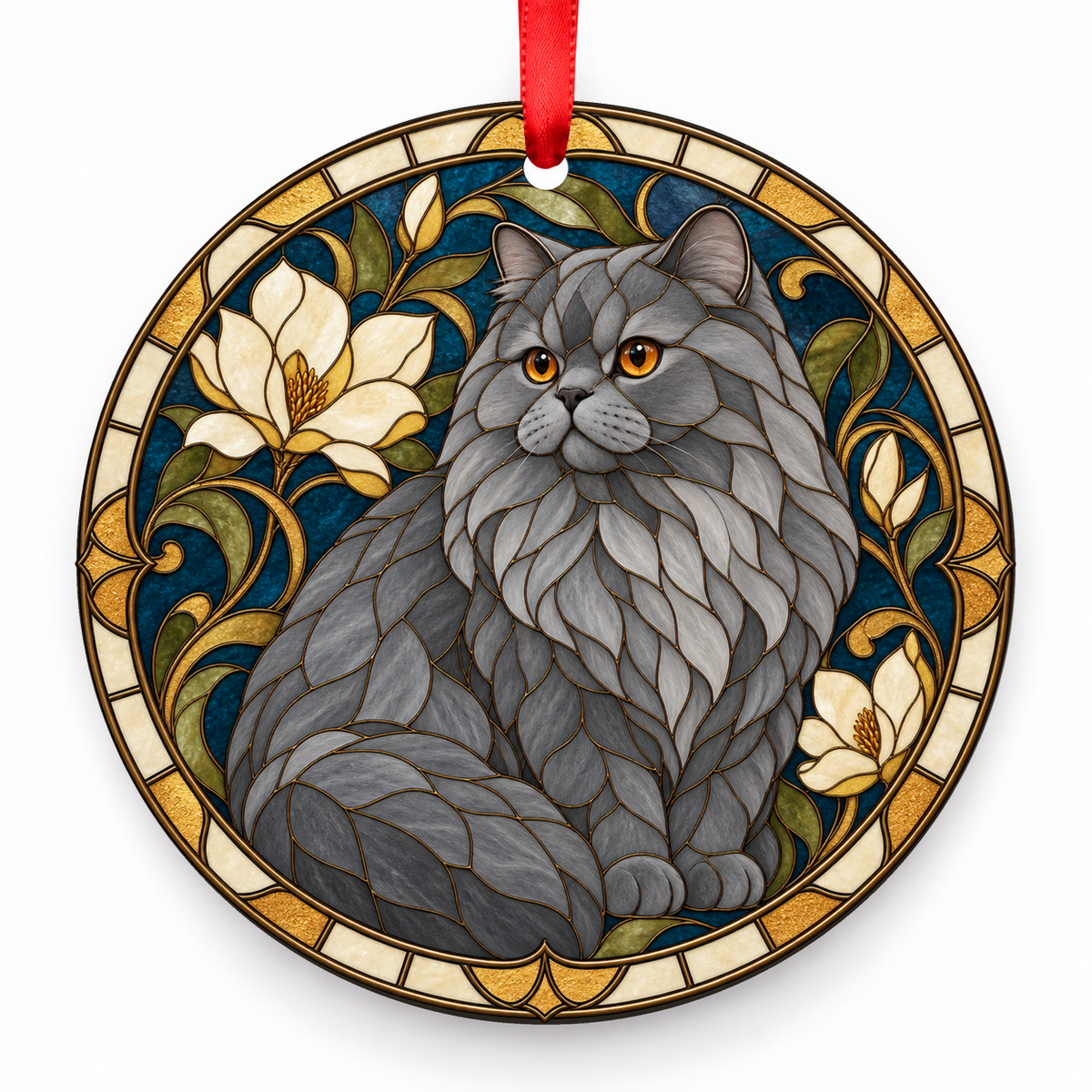 British Longhair Blue porcelain Christmas ornament with red ribbon — ORN-10339