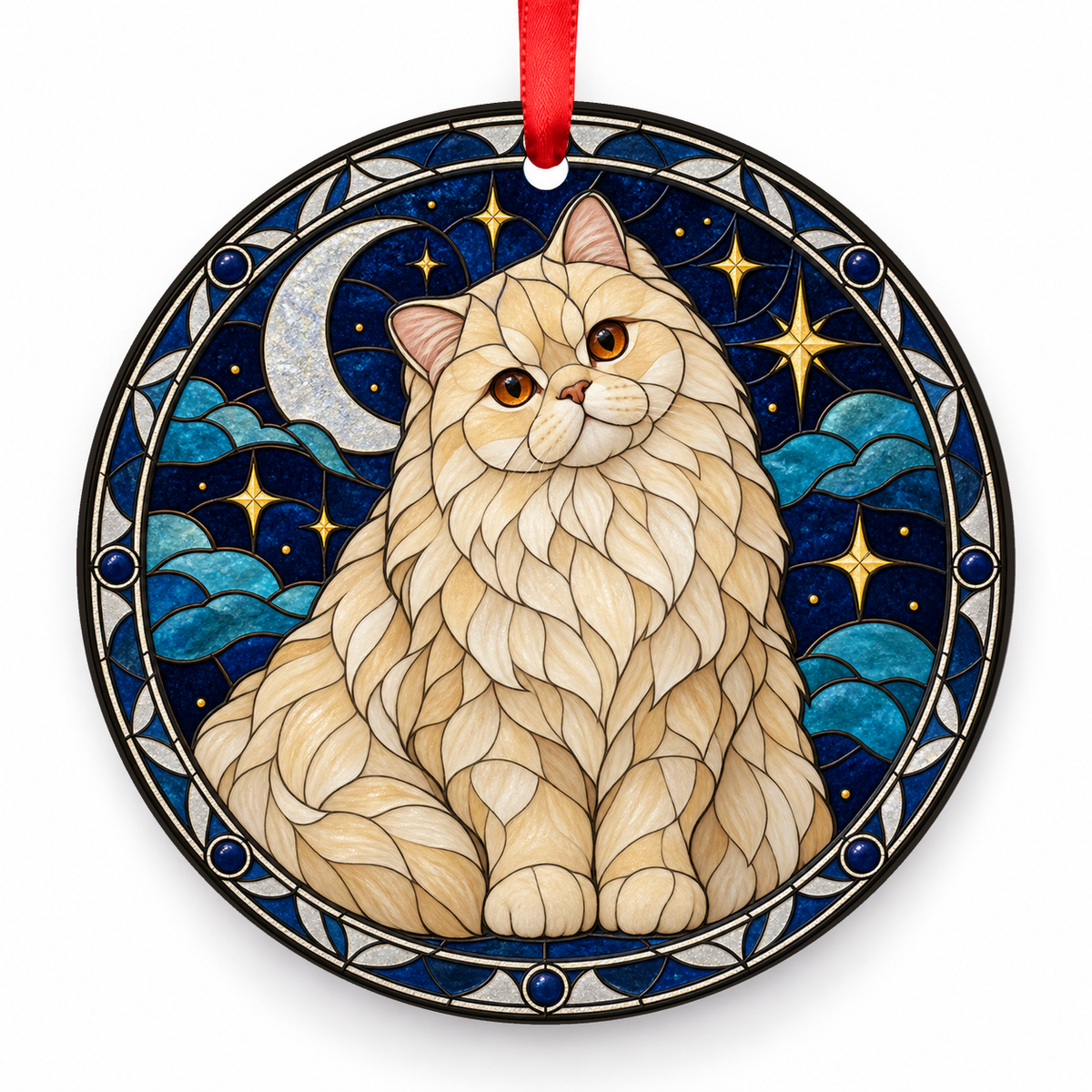 British Longhair Cream porcelain Christmas ornament with red ribbon — ORN-10340