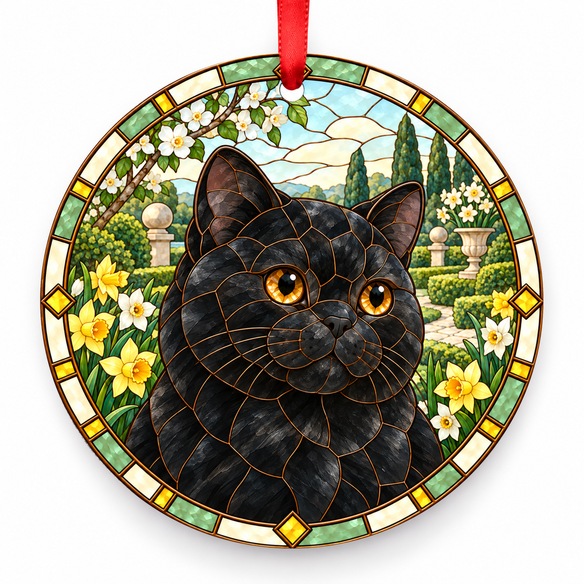 British Shorthair Black porcelain Christmas ornament with red ribbon — ORN-10341