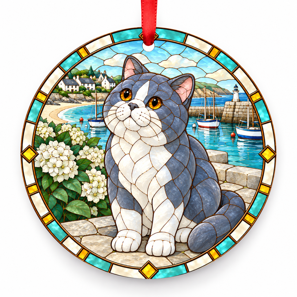 British Shorthair Blue and White Bicolor porcelain Christmas ornament with red ribbon — ORN-10342