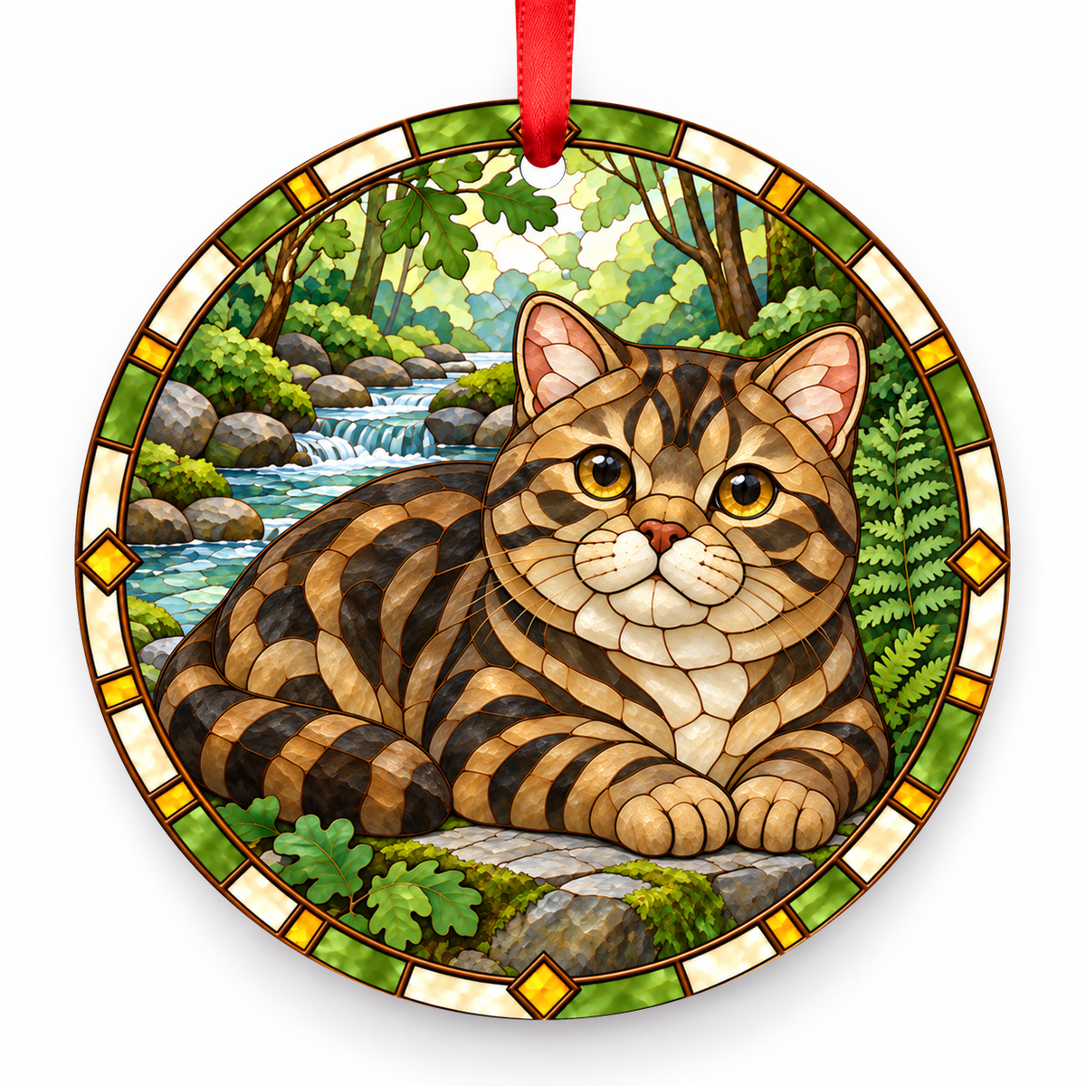 British Shorthair Brown Tabby porcelain Christmas ornament with red ribbon — ORN-10343