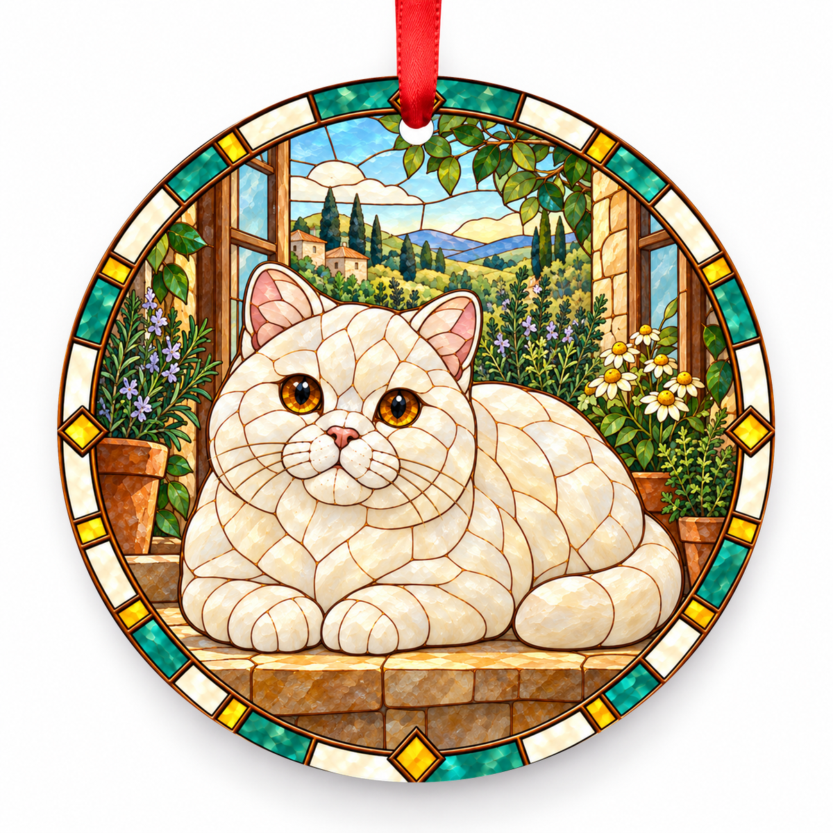 British Shorthair Cream porcelain Christmas ornament with red ribbon — ORN-10346