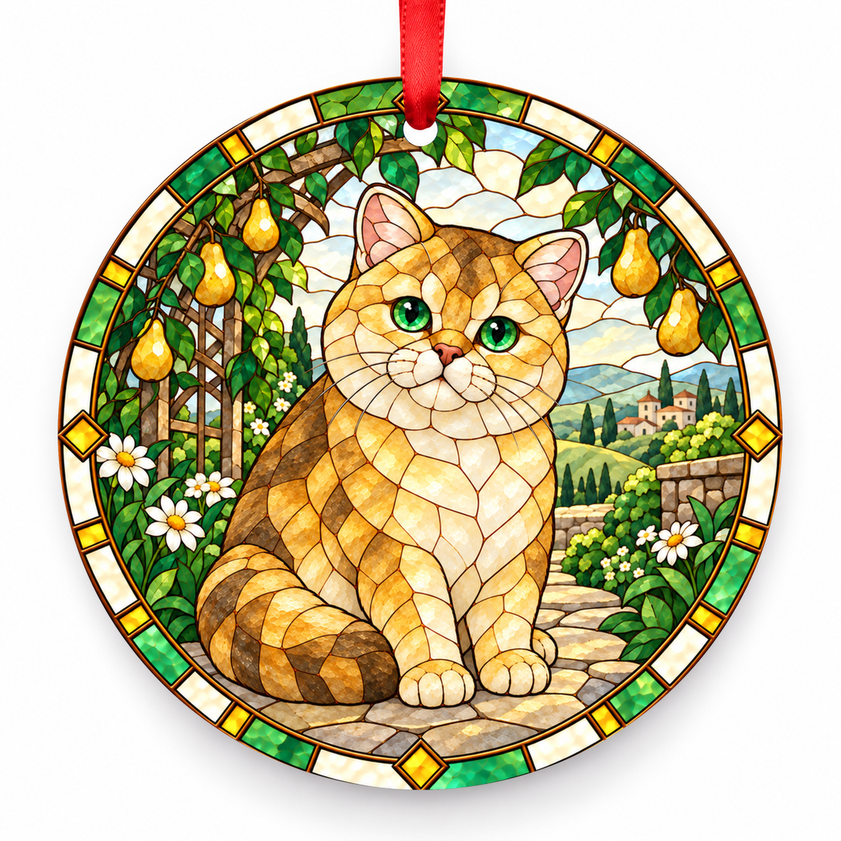 Golden shaded British Shorthair porcelain Christmas ornament with red ribbon — ORN-10347