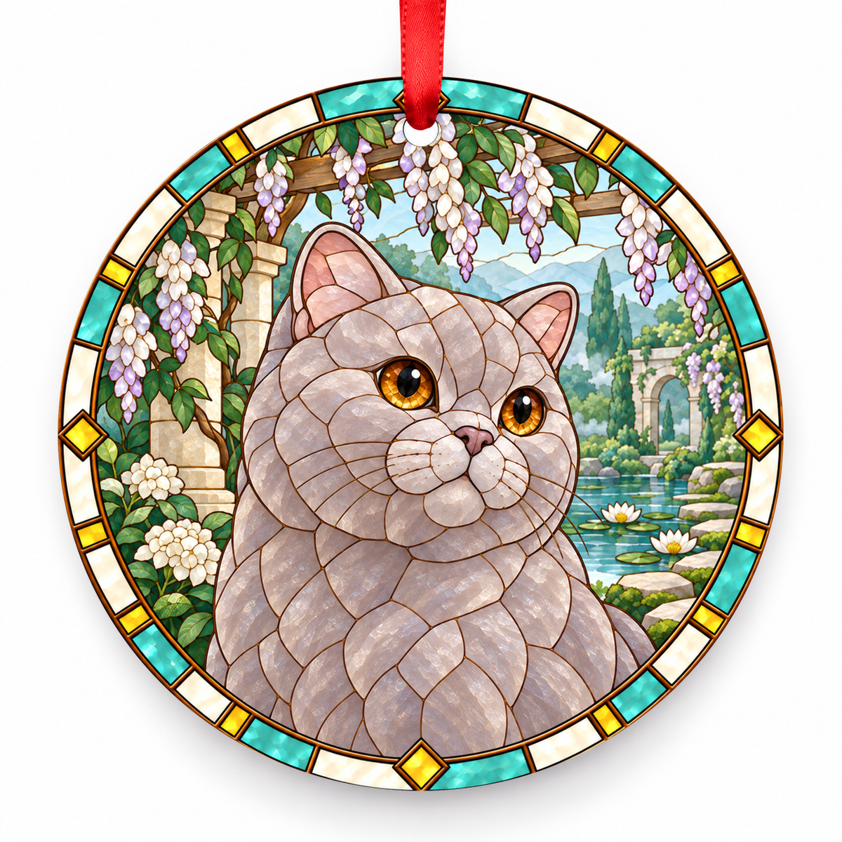 British Shorthair Lilac porcelain Christmas ornament with red ribbon — ORN-10348