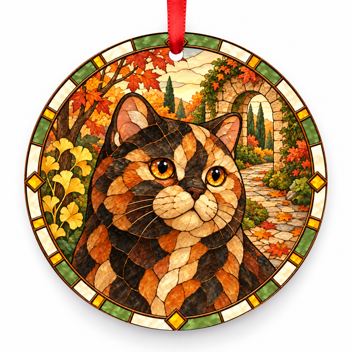 British Shorthair Tortoiseshell porcelain Christmas ornament with red ribbon — ORN-10352