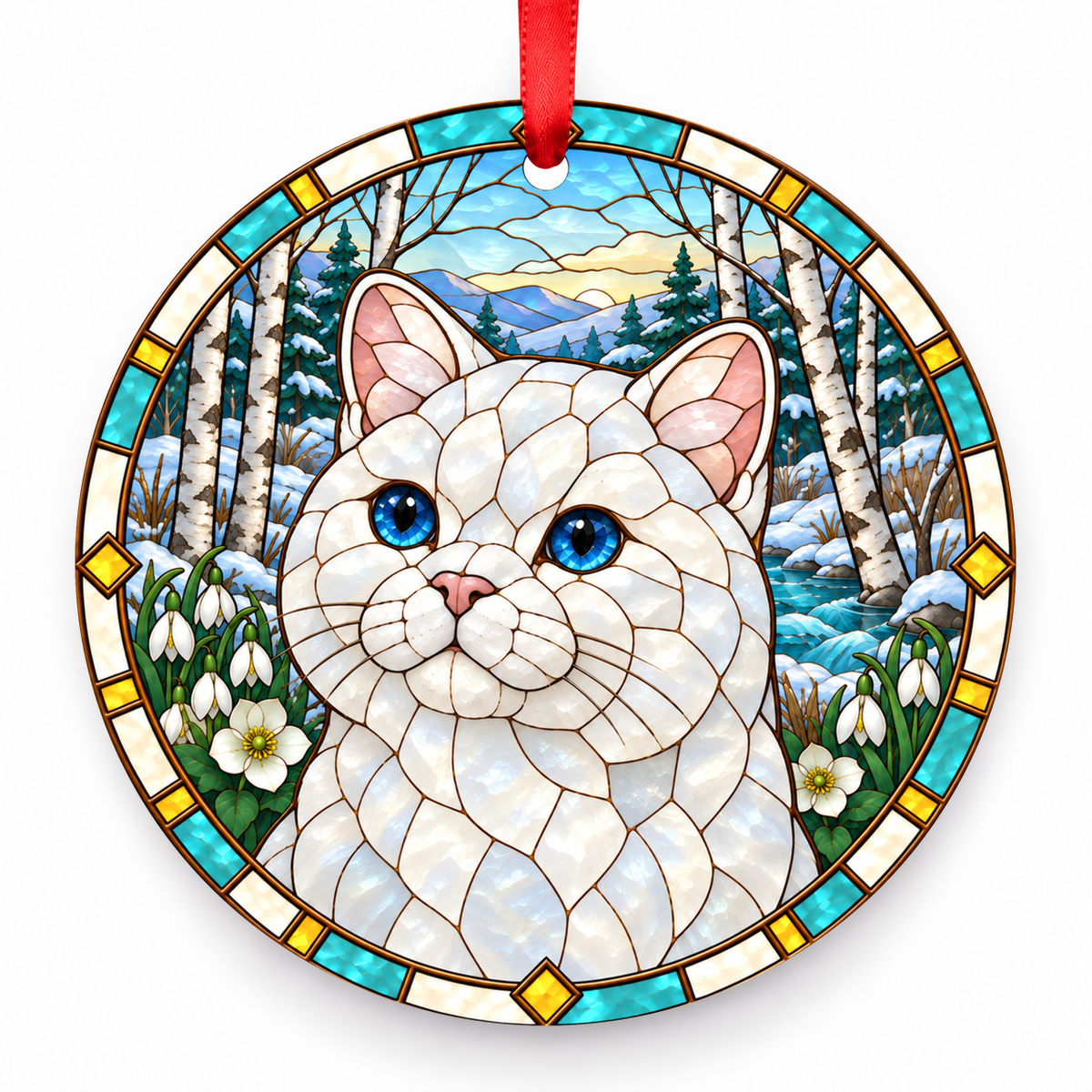 British Shorthair White porcelain Christmas ornament with red ribbon — ORN-10353