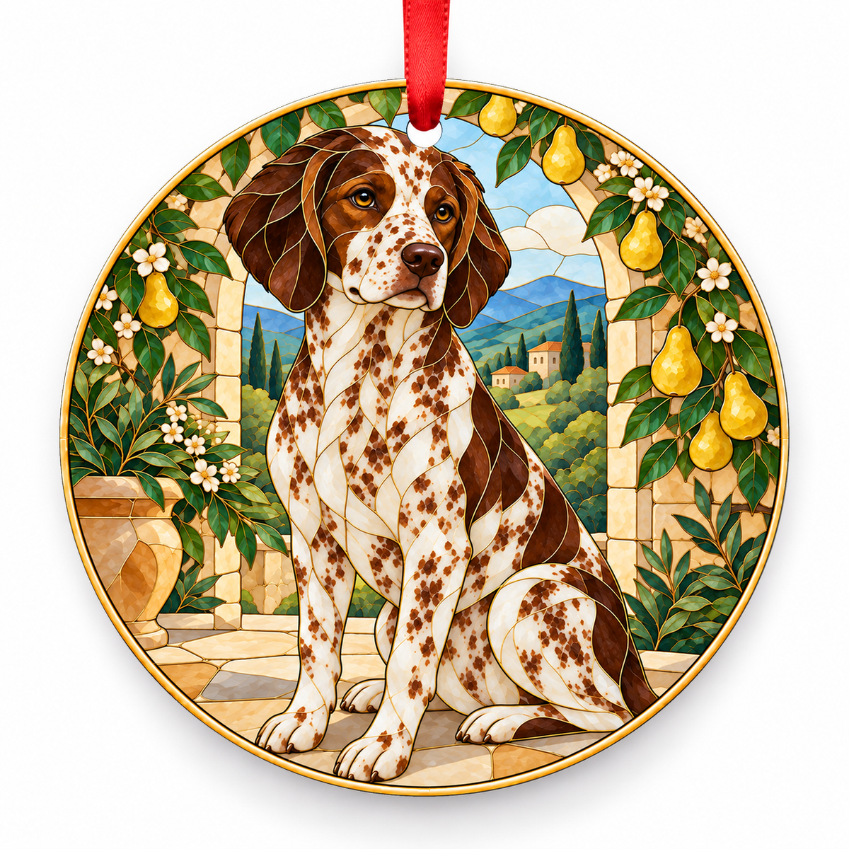 Brittany Liver Roan porcelain Christmas ornament with red ribbon — ORN-10354