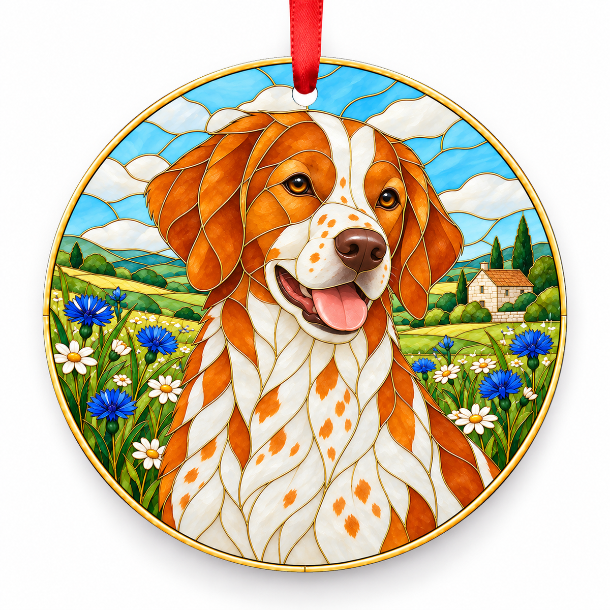Brittany Orange and White porcelain Christmas ornament with red ribbon — ORN-10356