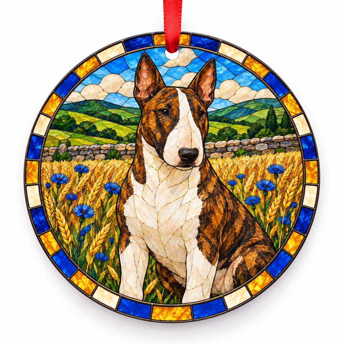 Bull Terrier Brindle and White porcelain Christmas ornament with red ribbon — ORN-10364
