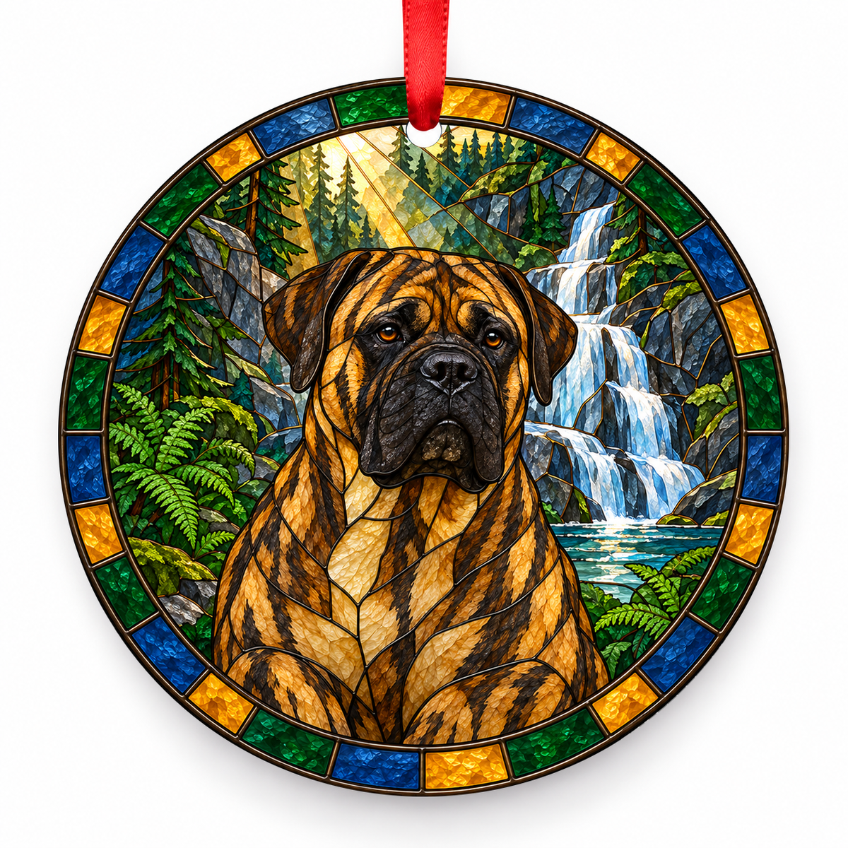 Bullmastiff Brindle porcelain Christmas ornament with red ribbon — ORN-10368