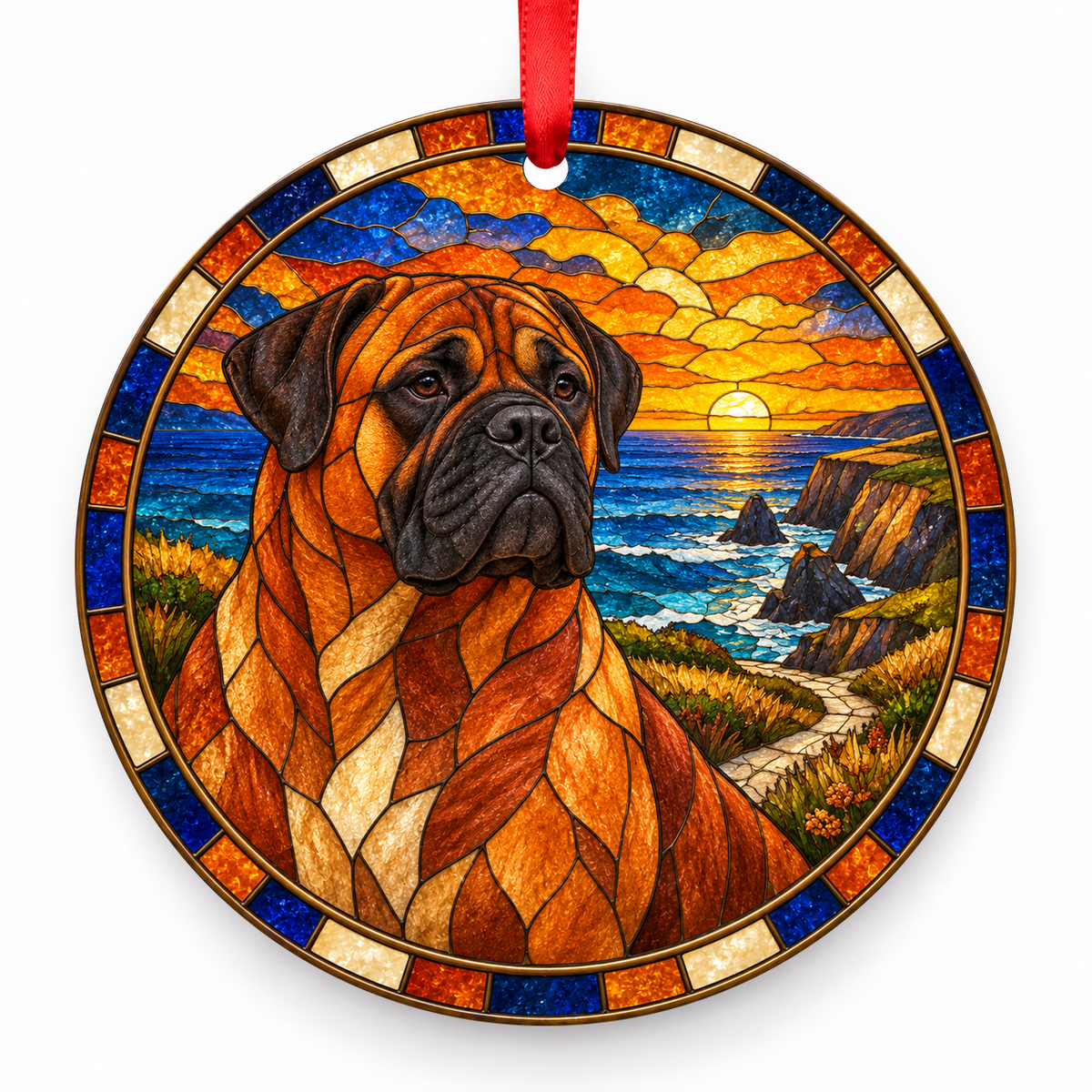 Bullmastiff Red porcelain Christmas ornament with red ribbon — ORN-10370
