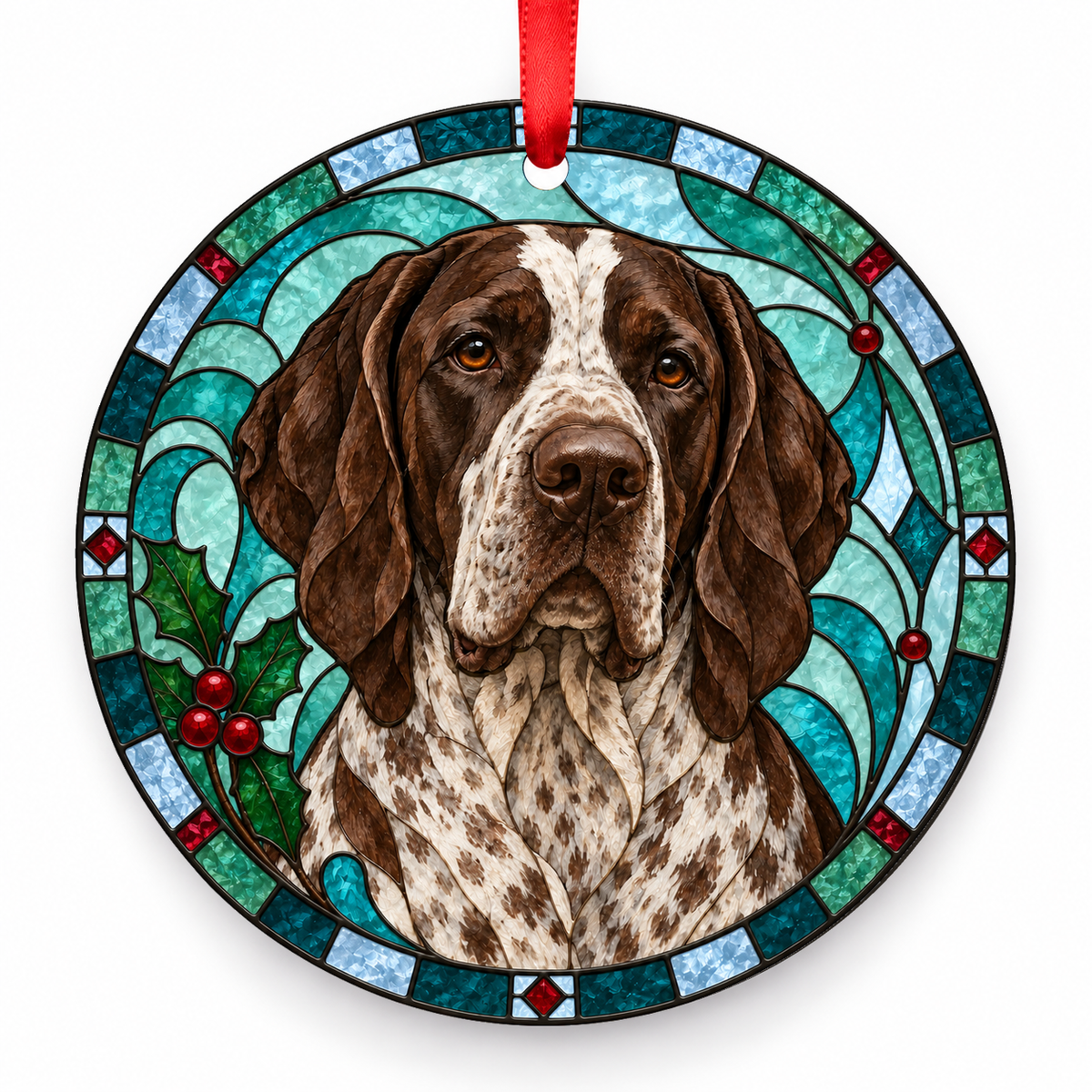 Burgos Pointing Dog Liver and White porcelain Christmas ornament with red ribbon — ORN-10371