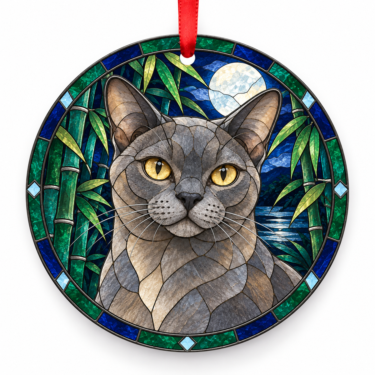 Burmese Blue porcelain Christmas ornament with red ribbon — ORN-10372