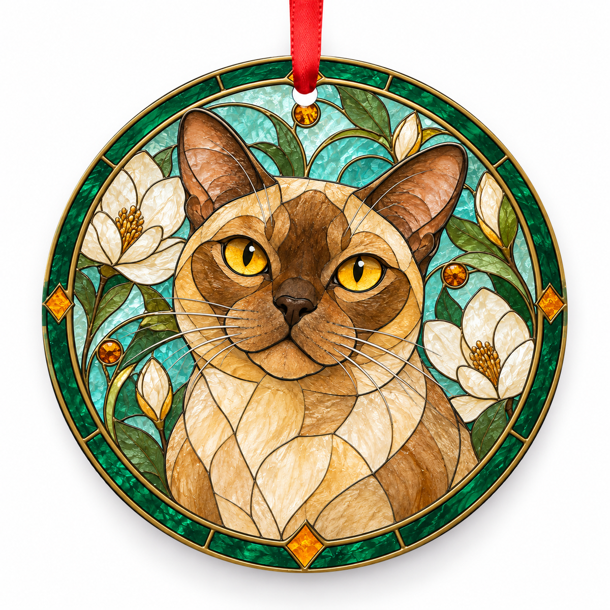 Burmese Champagne porcelain Christmas ornament with red ribbon — ORN-10373