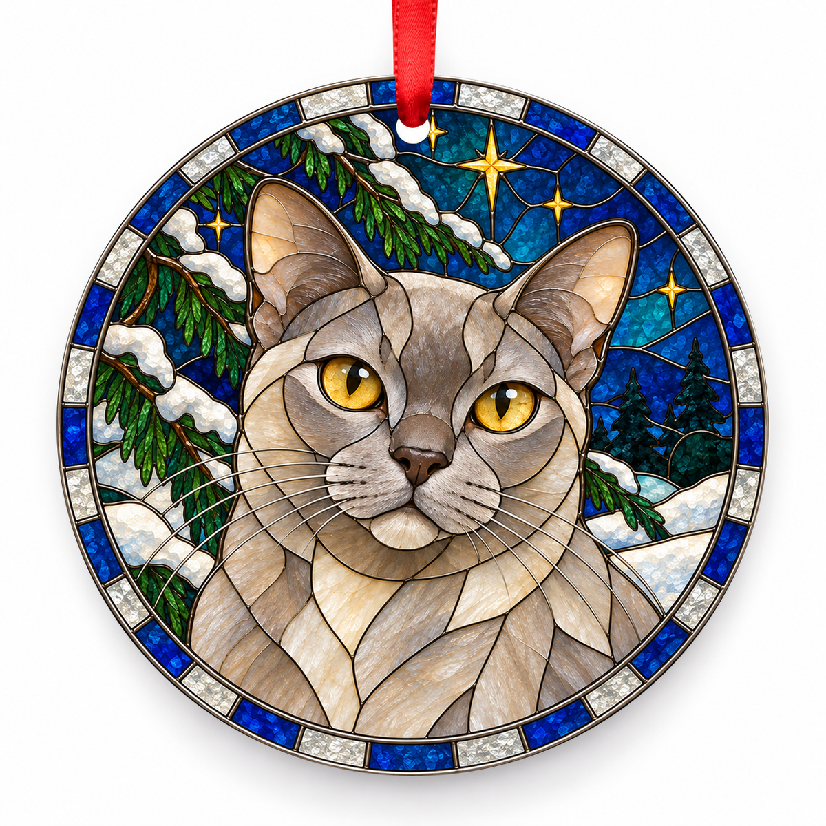 Burmese Platinum porcelain Christmas ornament with red ribbon — ORN-10375