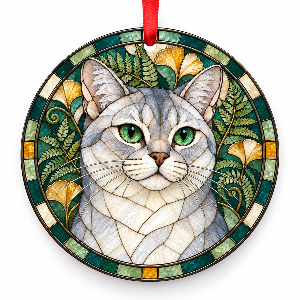Burmilla Blue Shaded porcelain Christmas ornament with red ribbon — ORN-10376