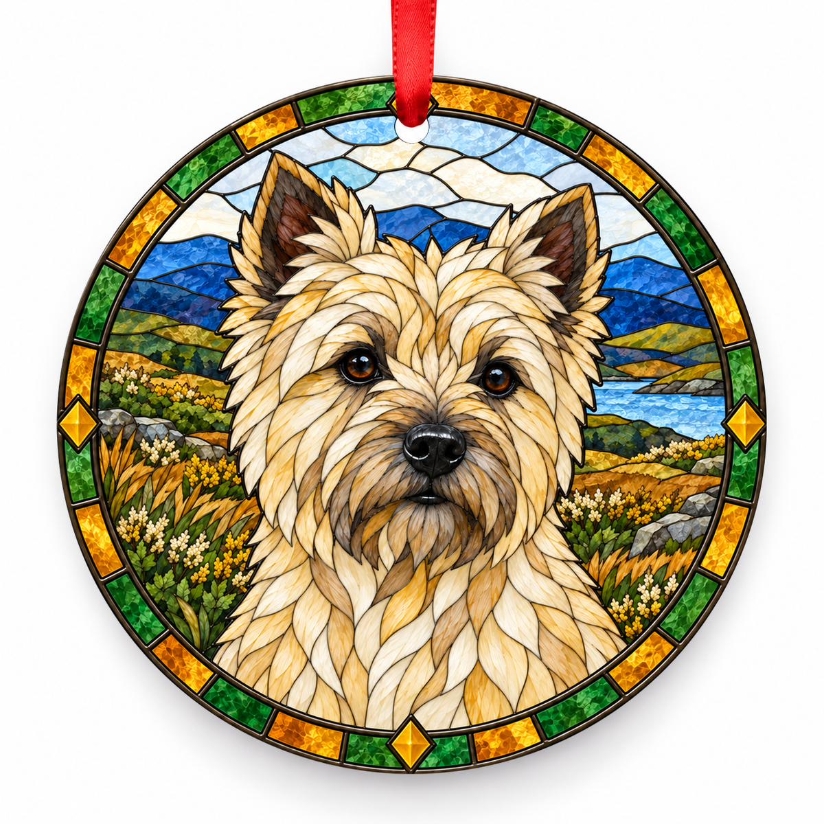 Cairn Terrier Cream porcelain Christmas ornament with red ribbon — ORN-10381