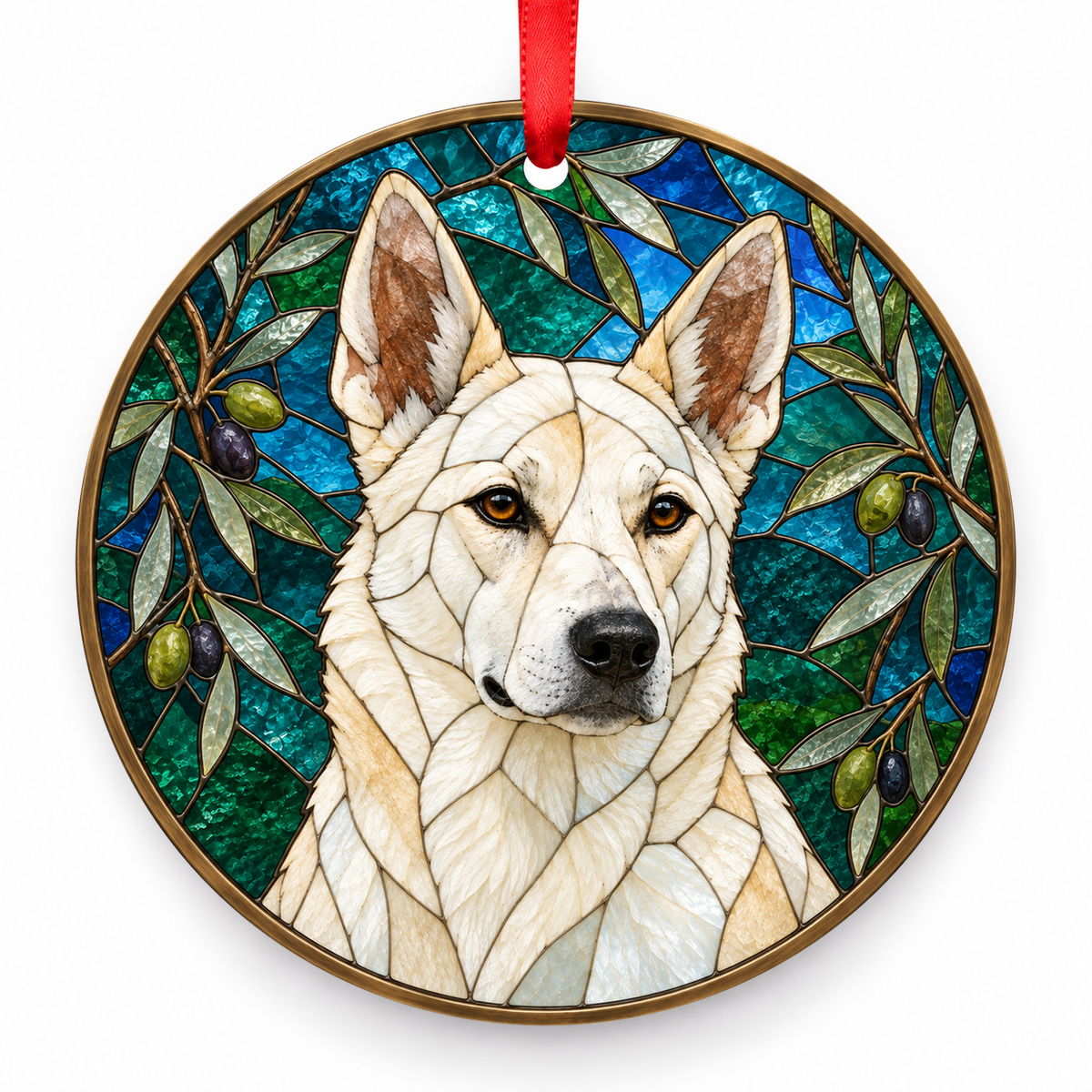 Canaan Dog White porcelain Christmas ornament with red ribbon — ORN-10389