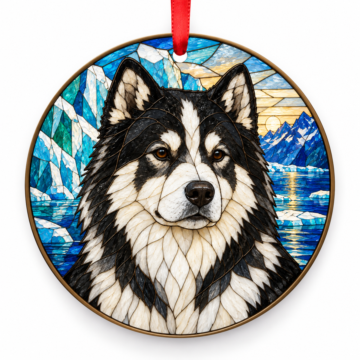Canadian Eskimo Dog Black and White porcelain Christmas ornament with red ribbon — ORN-10390