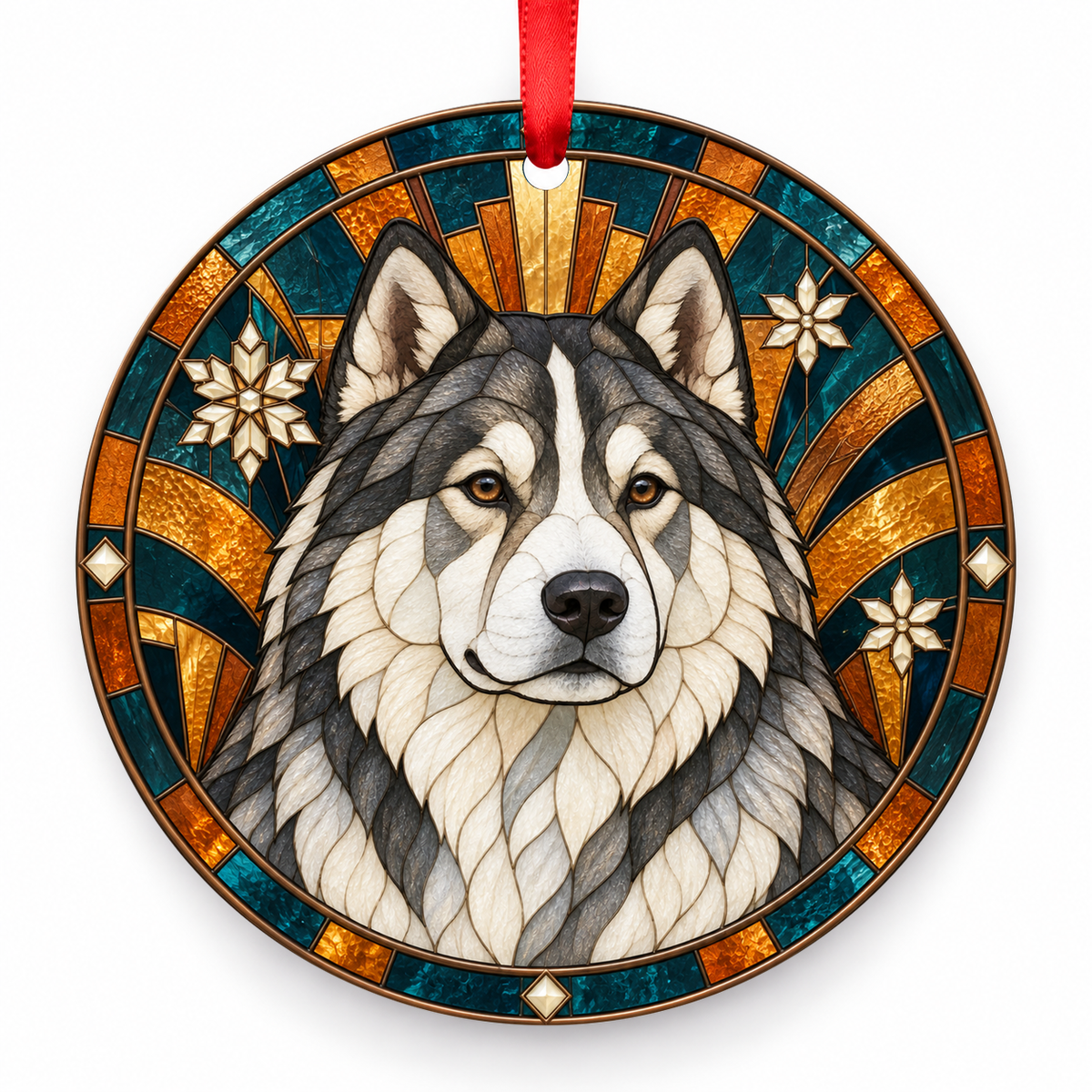 Canadian Eskimo Dog Gray and White porcelain Christmas ornament with red ribbon — ORN-10391