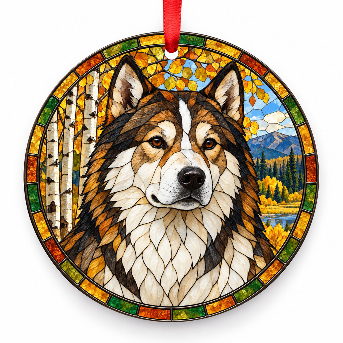 Canadian Eskimo Dog Sable and White porcelain Christmas ornament with red ribbon — ORN-10393