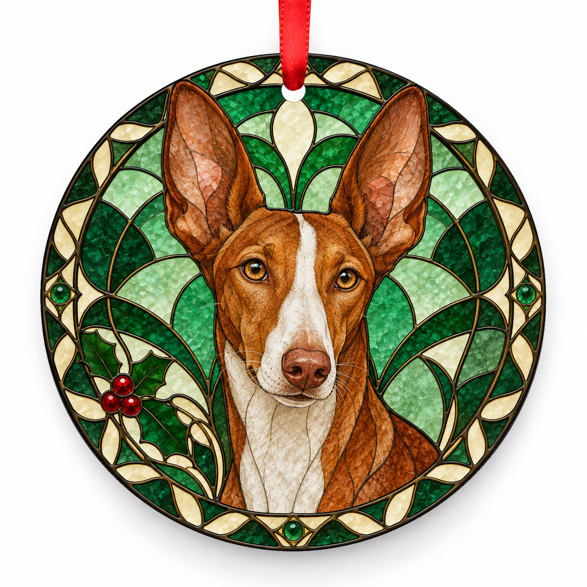 Canarian Warren Hound Red and White porcelain Christmas ornament with red ribbon — ORN-10394