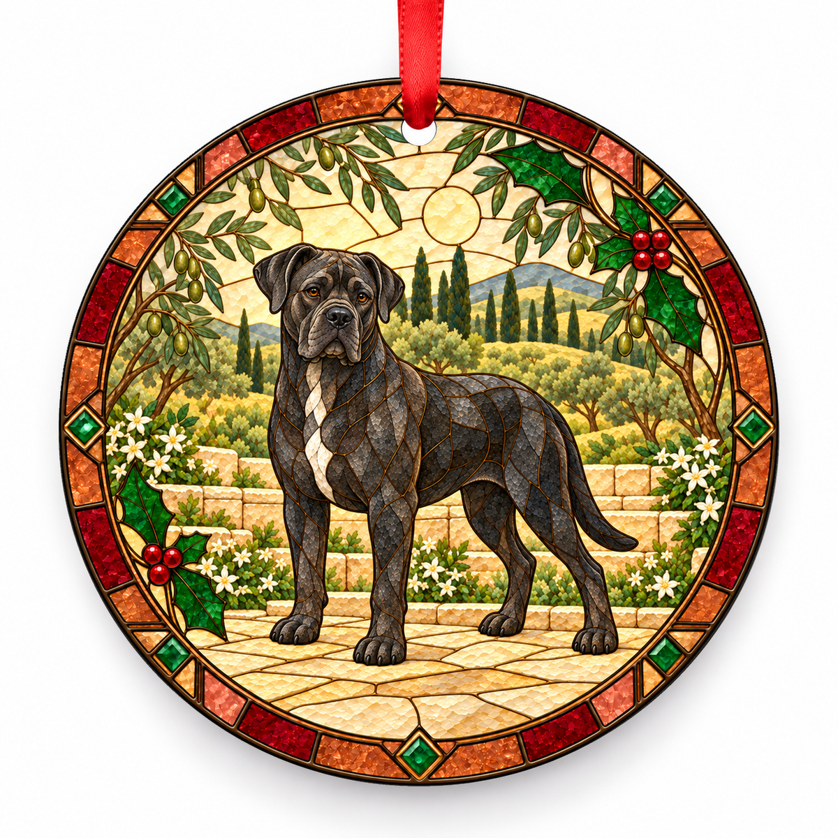 Cane Corso Dark Brindle porcelain Christmas ornament with red ribbon — ORN-10398
