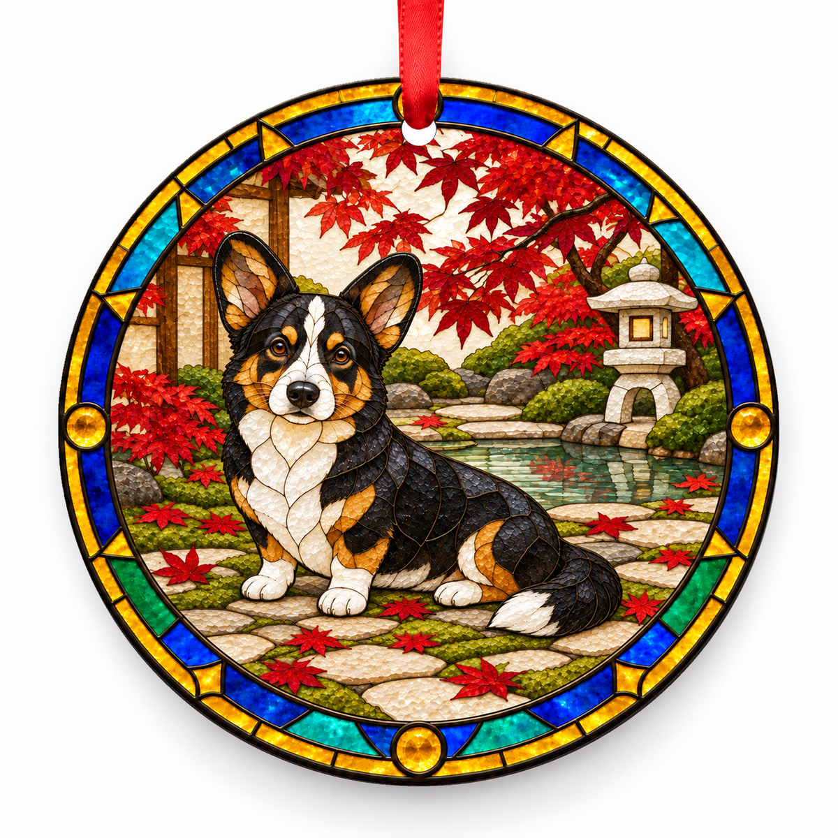 Cardigan Welsh Corgi Black, Tan and White porcelain Christmas ornament with red ribbon — ORN-10400
