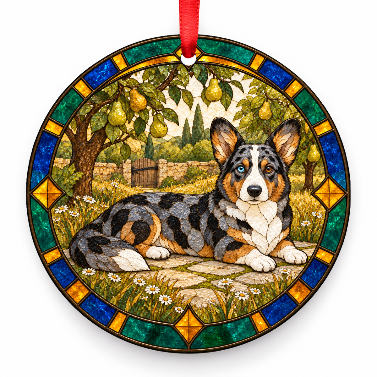 Cardigan Welsh Corgi Blue Merle porcelain Christmas ornament with red ribbon — ORN-10401