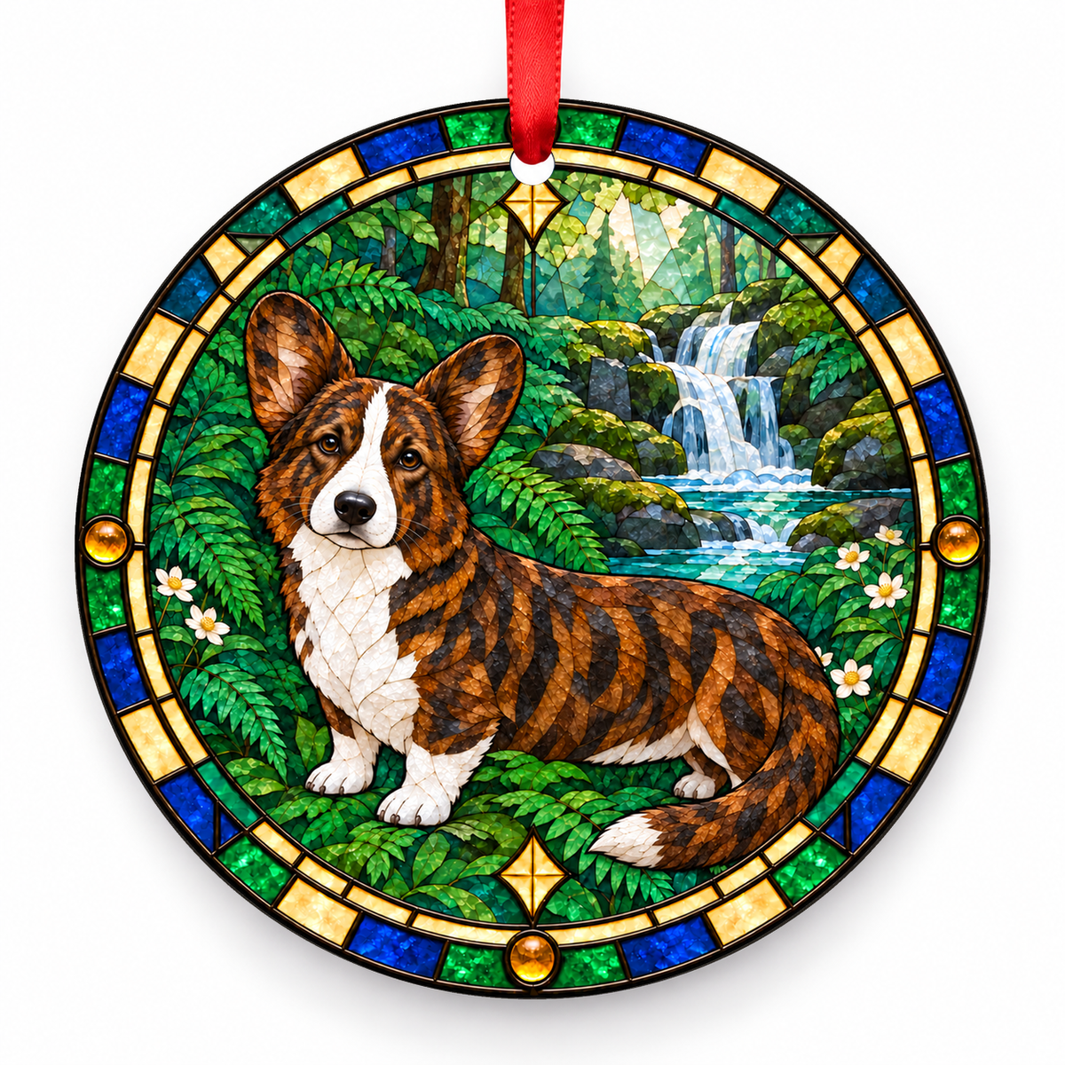 Cardigan Welsh Corgi Brindle and White porcelain Christmas ornament with red ribbon — ORN-10402
