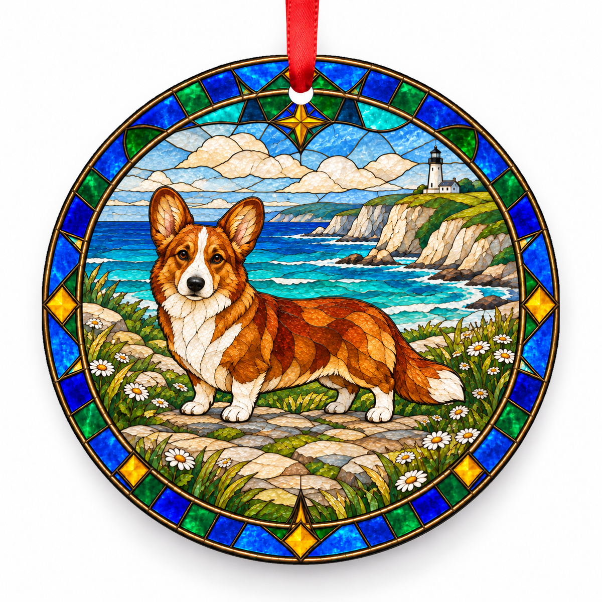 Cardigan Welsh Corgi Red and White porcelain Christmas ornament with red ribbon — ORN-10403