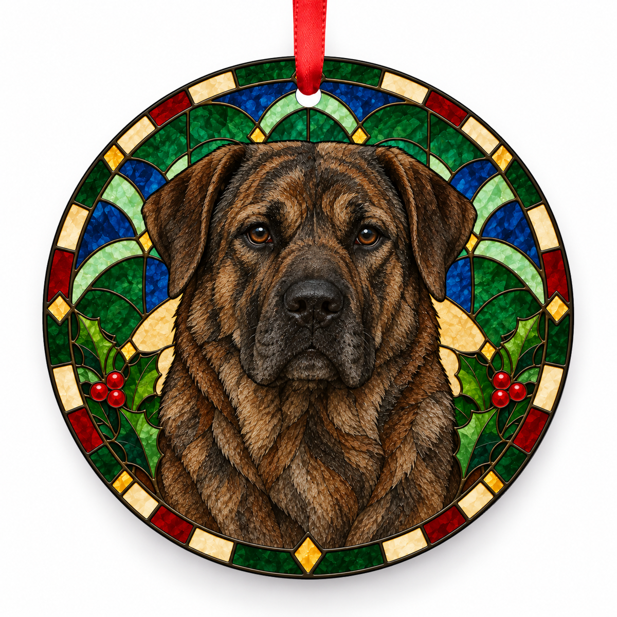 Castro Laboreiro Dog Brindle porcelain Christmas ornament with red ribbon — ORN-10405