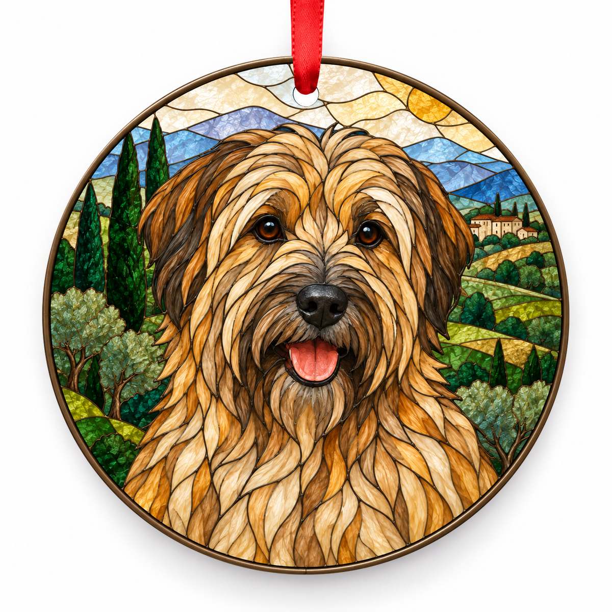 Catalan Sheepdog Fawn porcelain Christmas ornament with red ribbon — ORN-10407