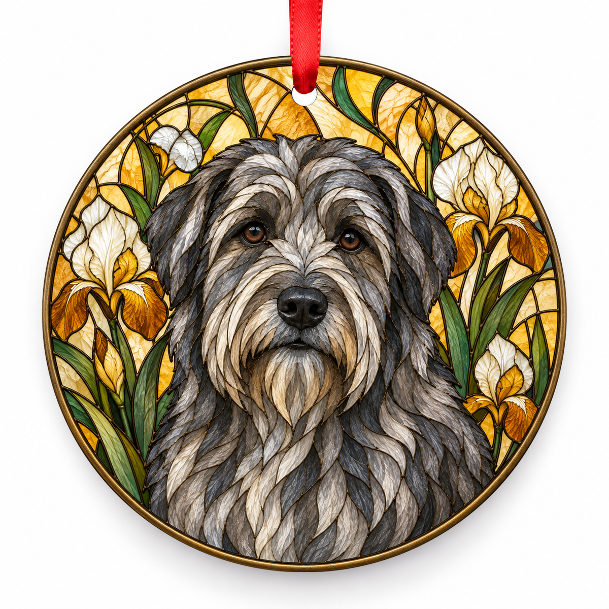 Catalan Sheepdog Gray porcelain Christmas ornament with red ribbon — ORN-10408
