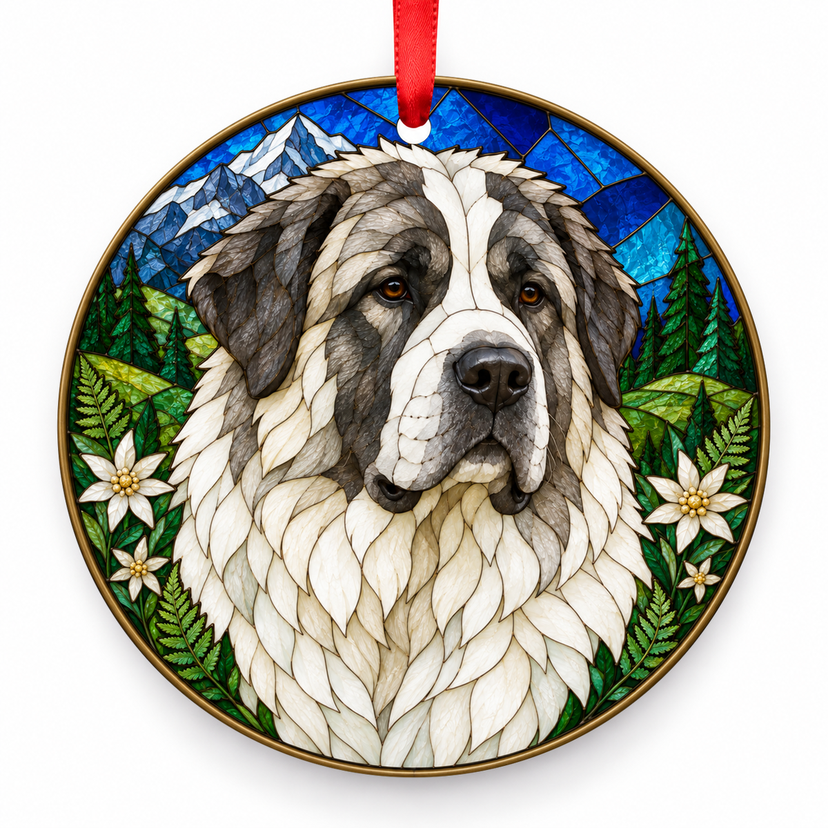 Caucasian Shepherd Dog White and Gray Pied porcelain Christmas ornament with red ribbon — ORN-10413
