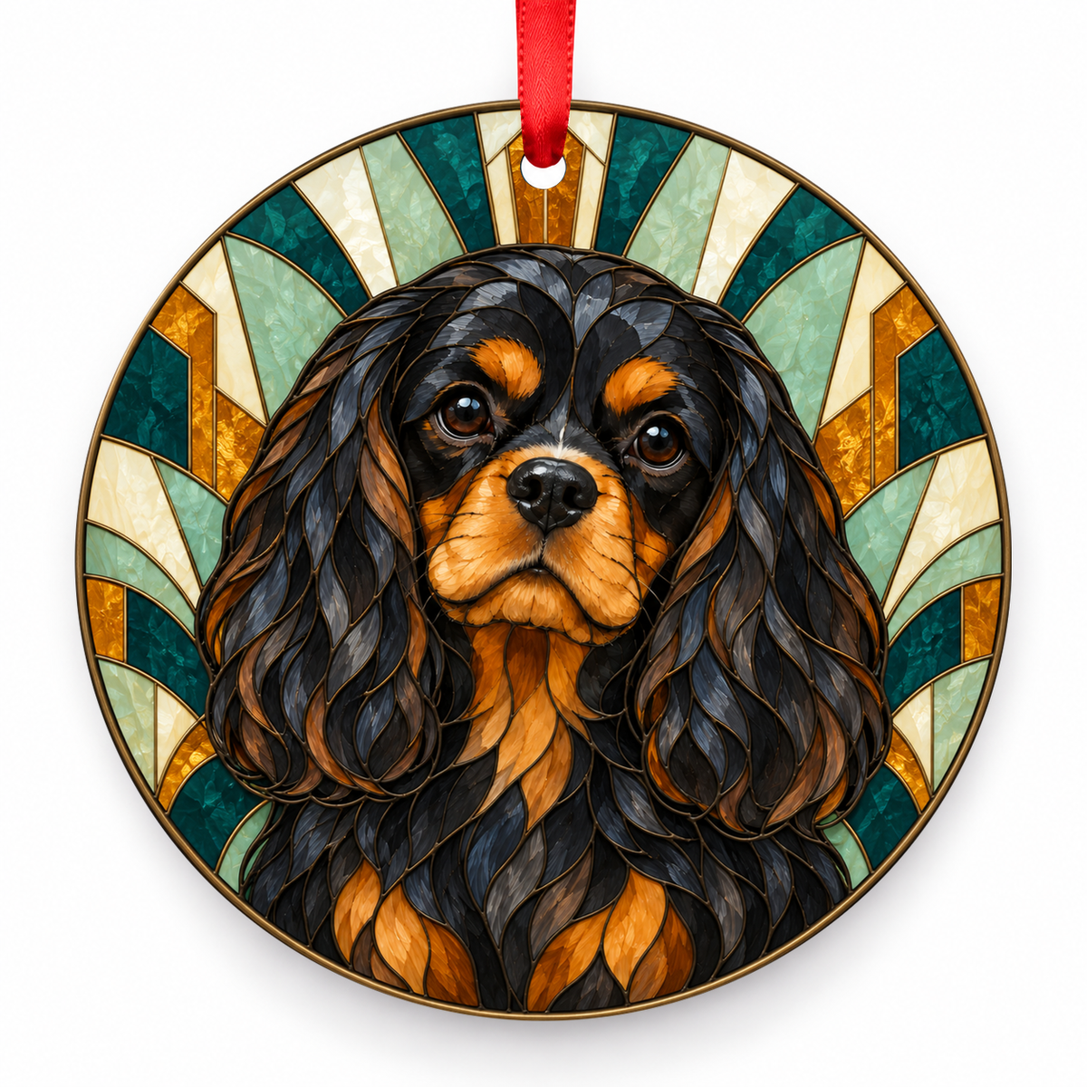 Cavalier King Charles Spaniel Black and Tan porcelain Christmas ornament with red ribbon — ORN-10414