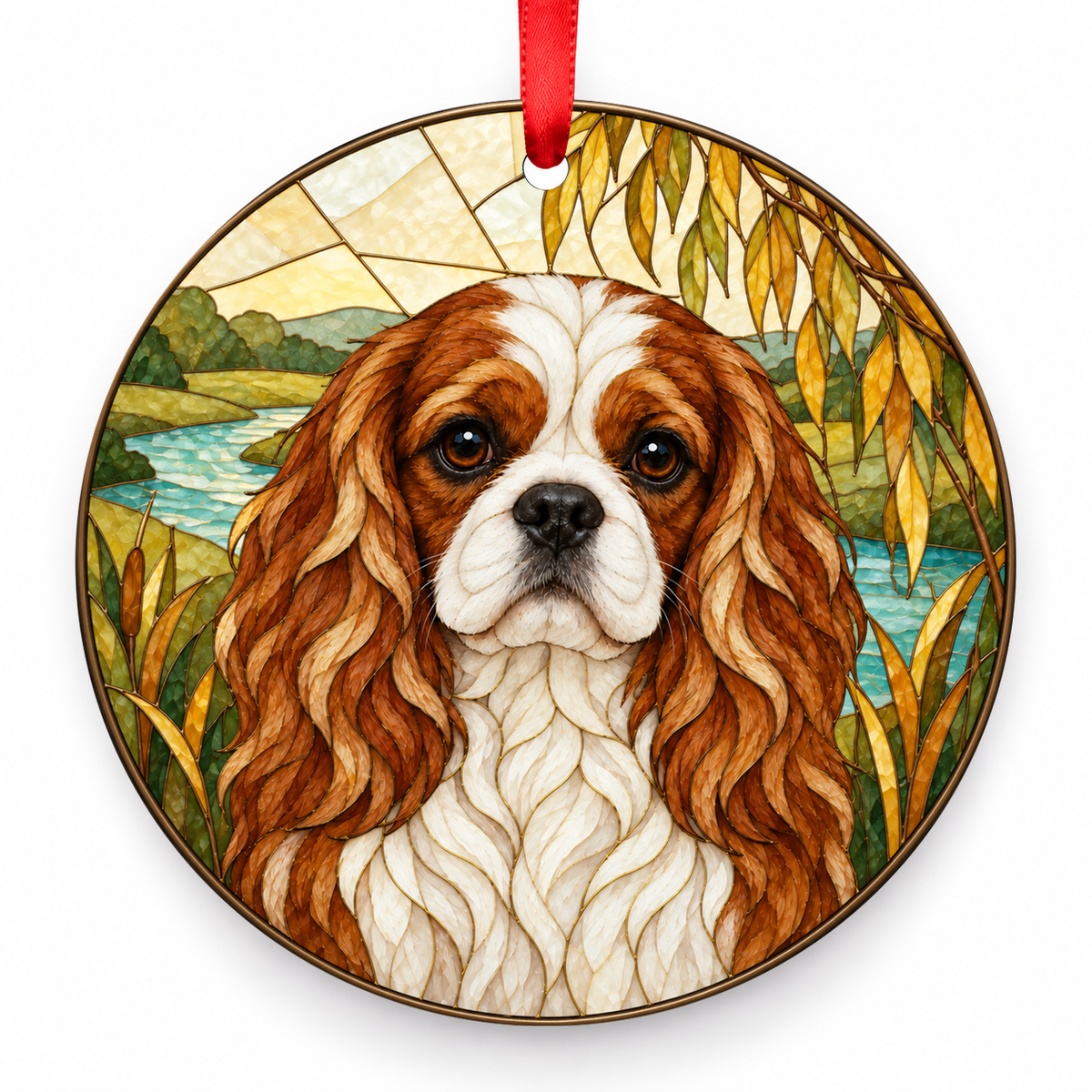 Cavalier King Charles Spaniel Blenheim porcelain Christmas ornament with red ribbon — ORN-10415