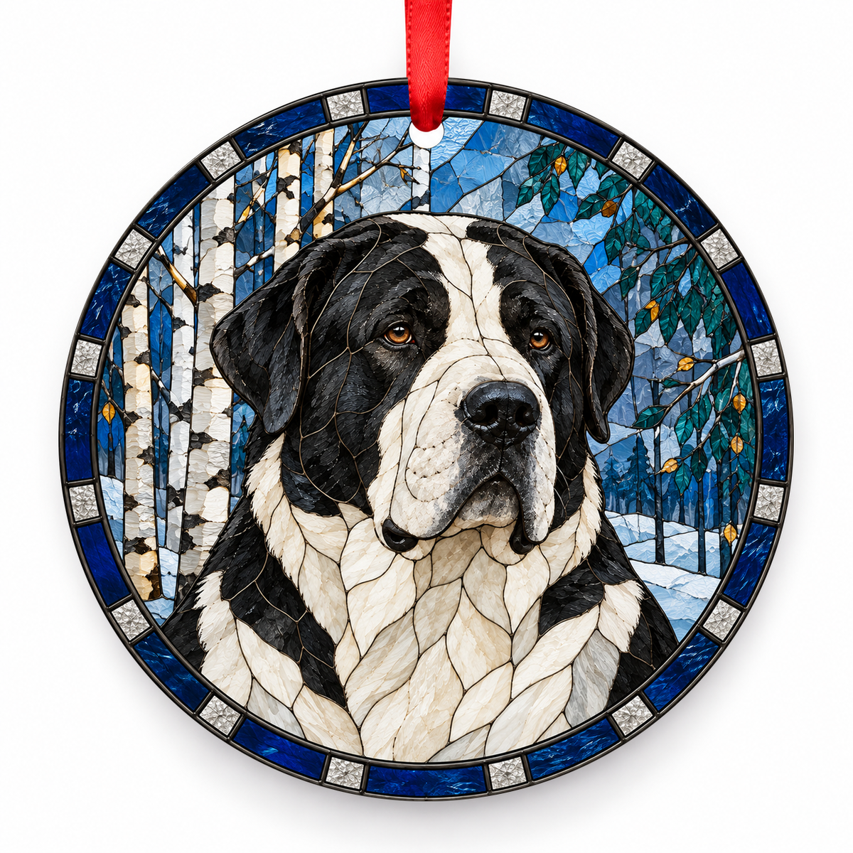Central Asia Shepherd Dog Black and White porcelain Christmas ornament with red ribbon — ORN-10418