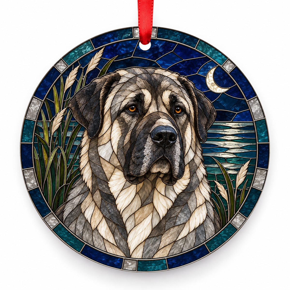 Central Asia Shepherd Dog Gray porcelain Christmas ornament with red ribbon — ORN-10421