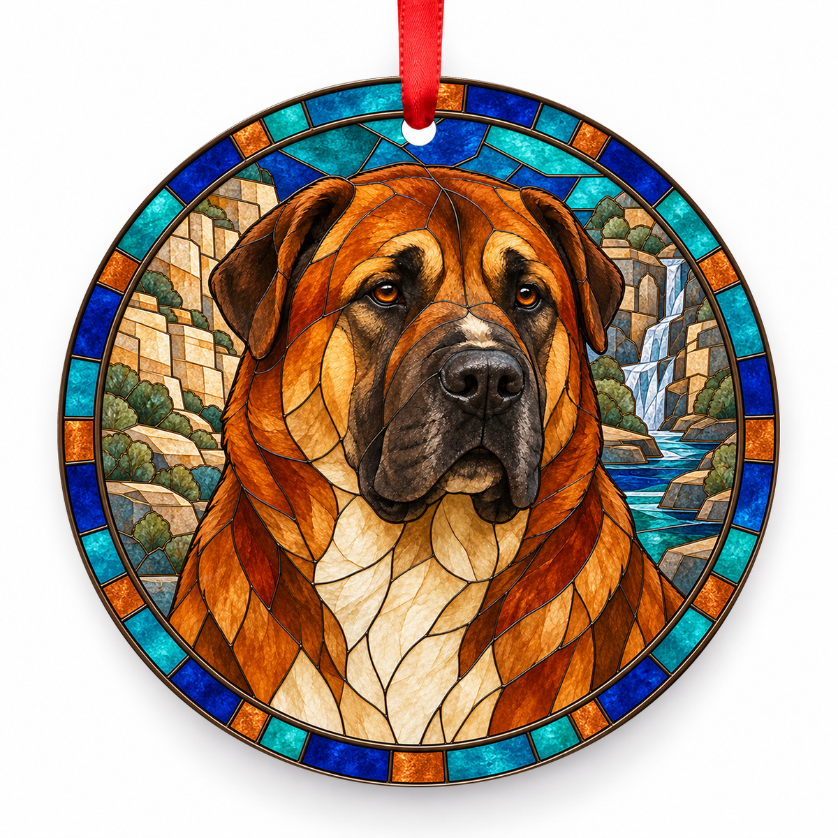 Central Asia Shepherd Dog Red Brown porcelain Christmas ornament with red ribbon — ORN-10423