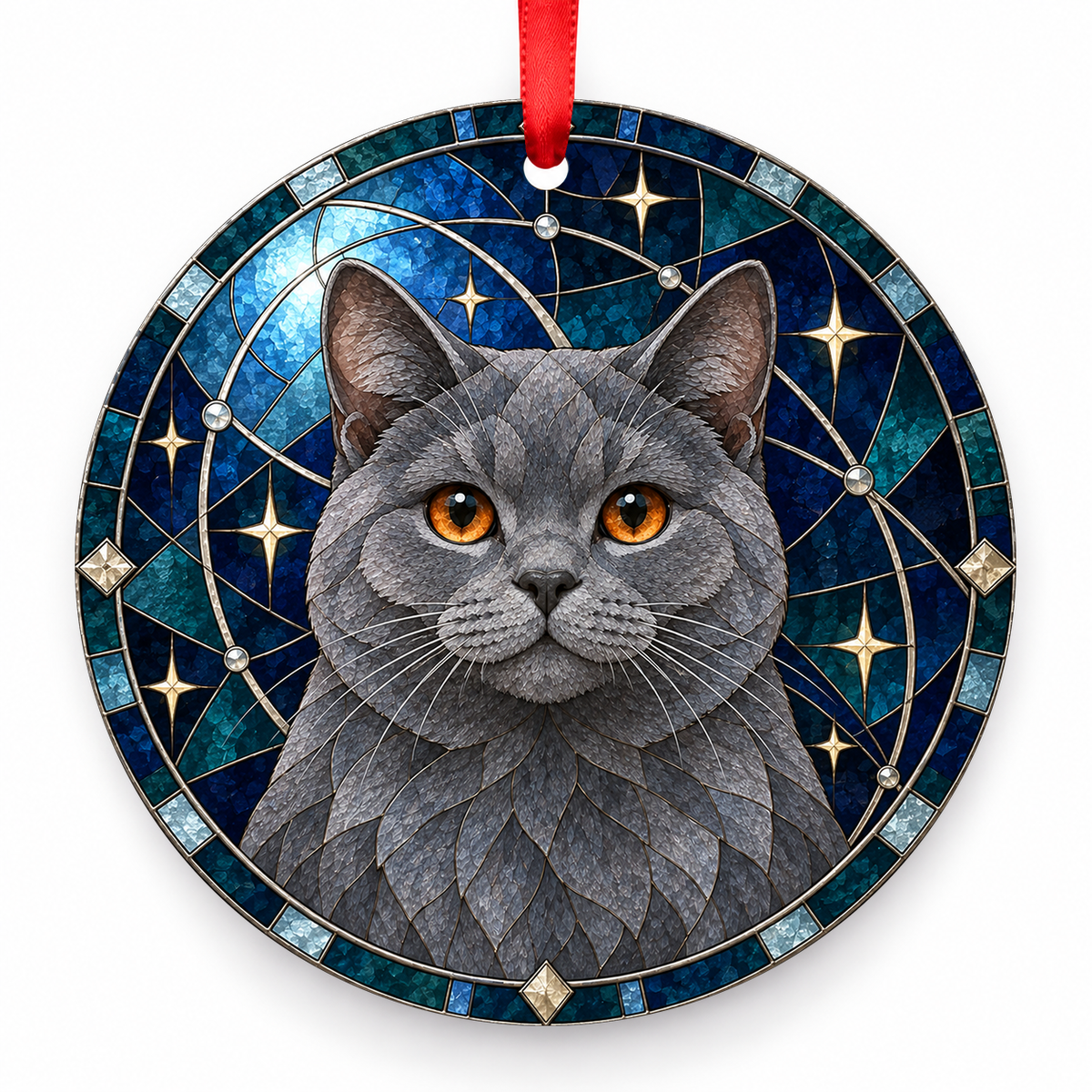 Chartreux Blue porcelain Christmas ornament with red ribbon — ORN-10426