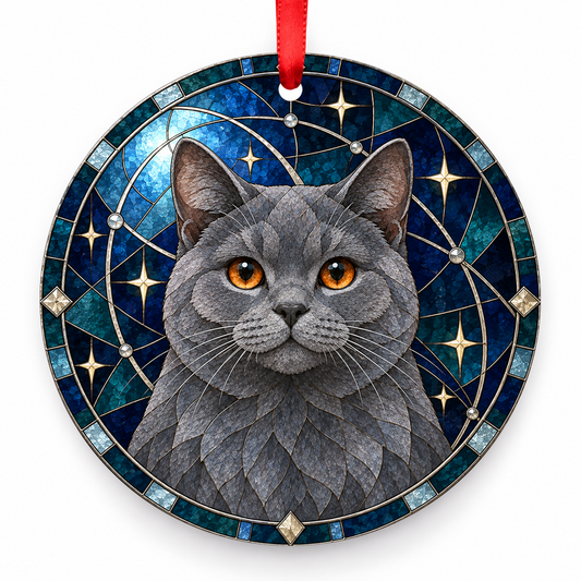 Chartreux Blue porcelain Christmas ornament with red ribbon — ORN-10426