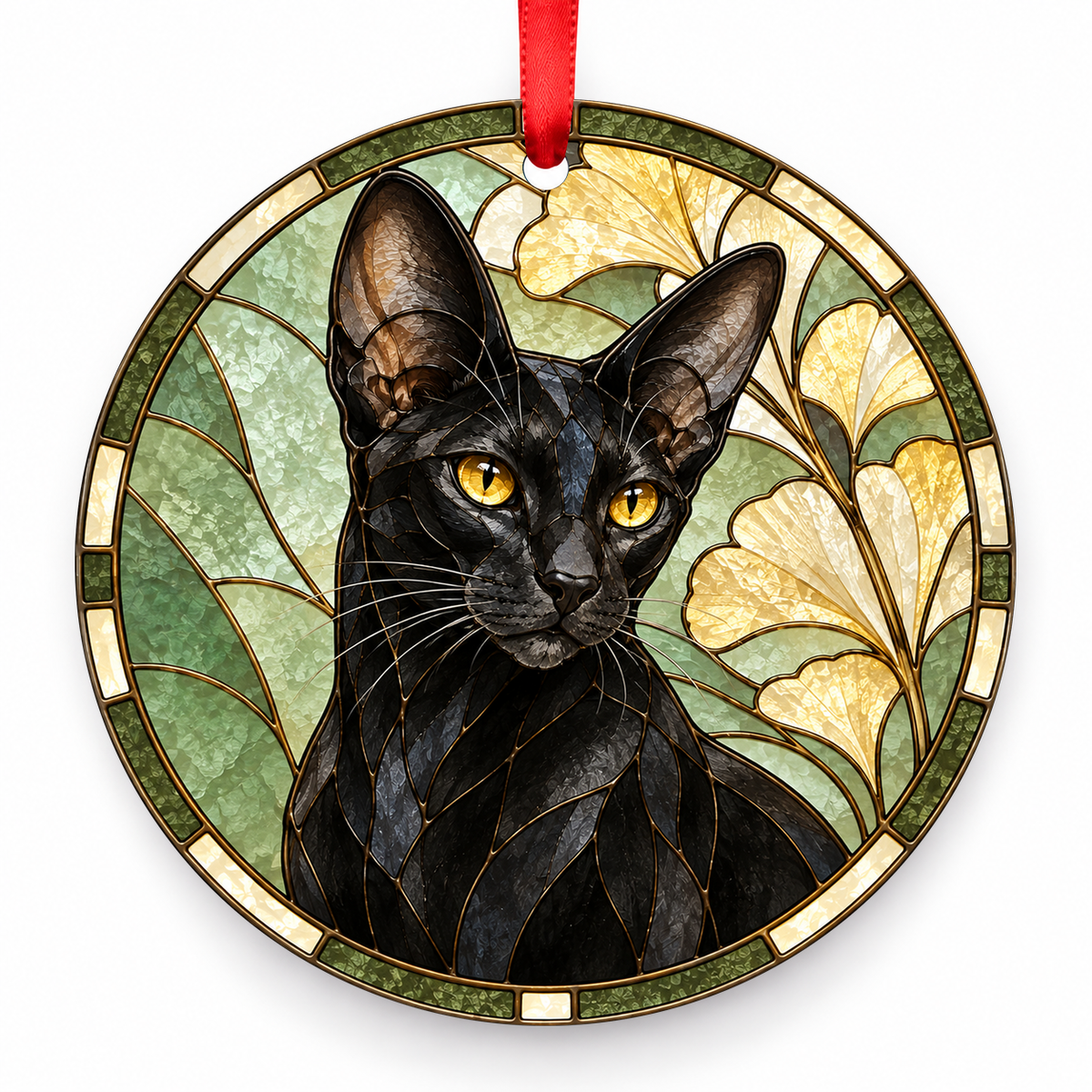 Chausie Black porcelain Christmas ornament with red ribbon — ORN-10427