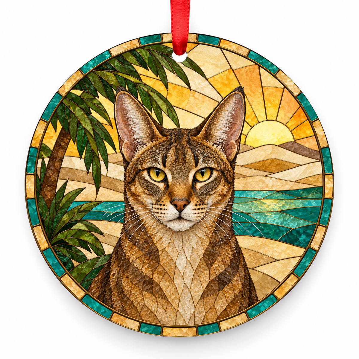 Chausie Brown Ticked porcelain Christmas ornament with red ribbon — ORN-10429