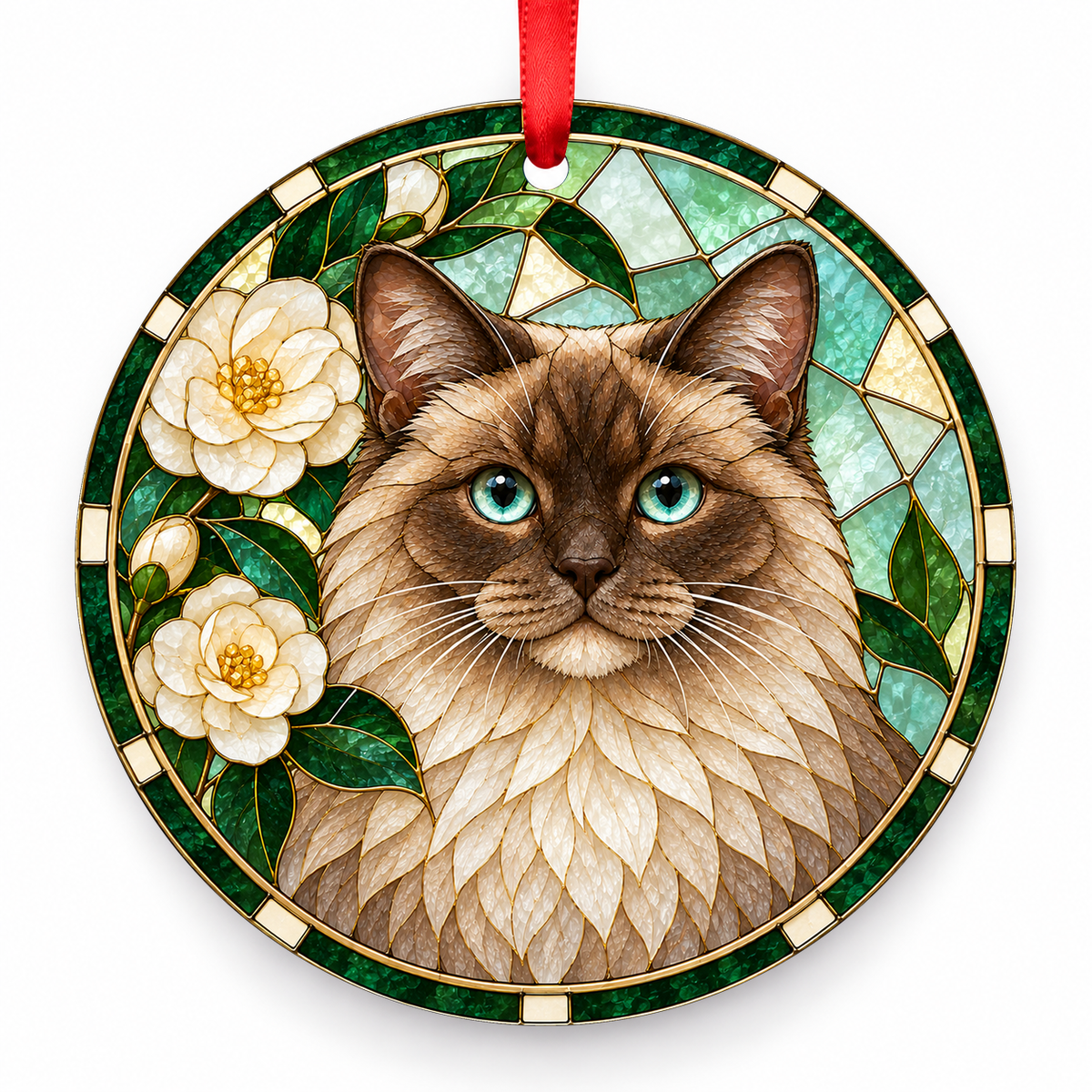 Cherubim Seal Point porcelain Christmas ornament with red ribbon — ORN-10430
