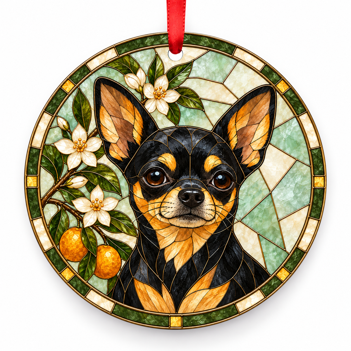 Chihuahua Black and Tan porcelain Christmas ornament with red ribbon — ORN-10434