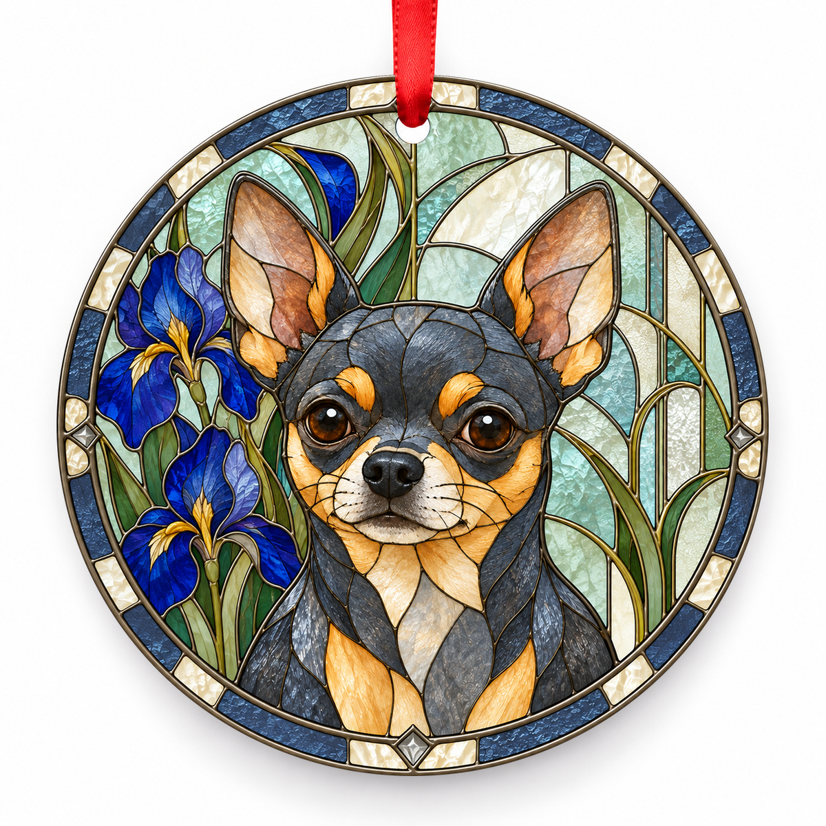Chihuahua Blue and Tan porcelain Christmas ornament with red ribbon — ORN-10435
