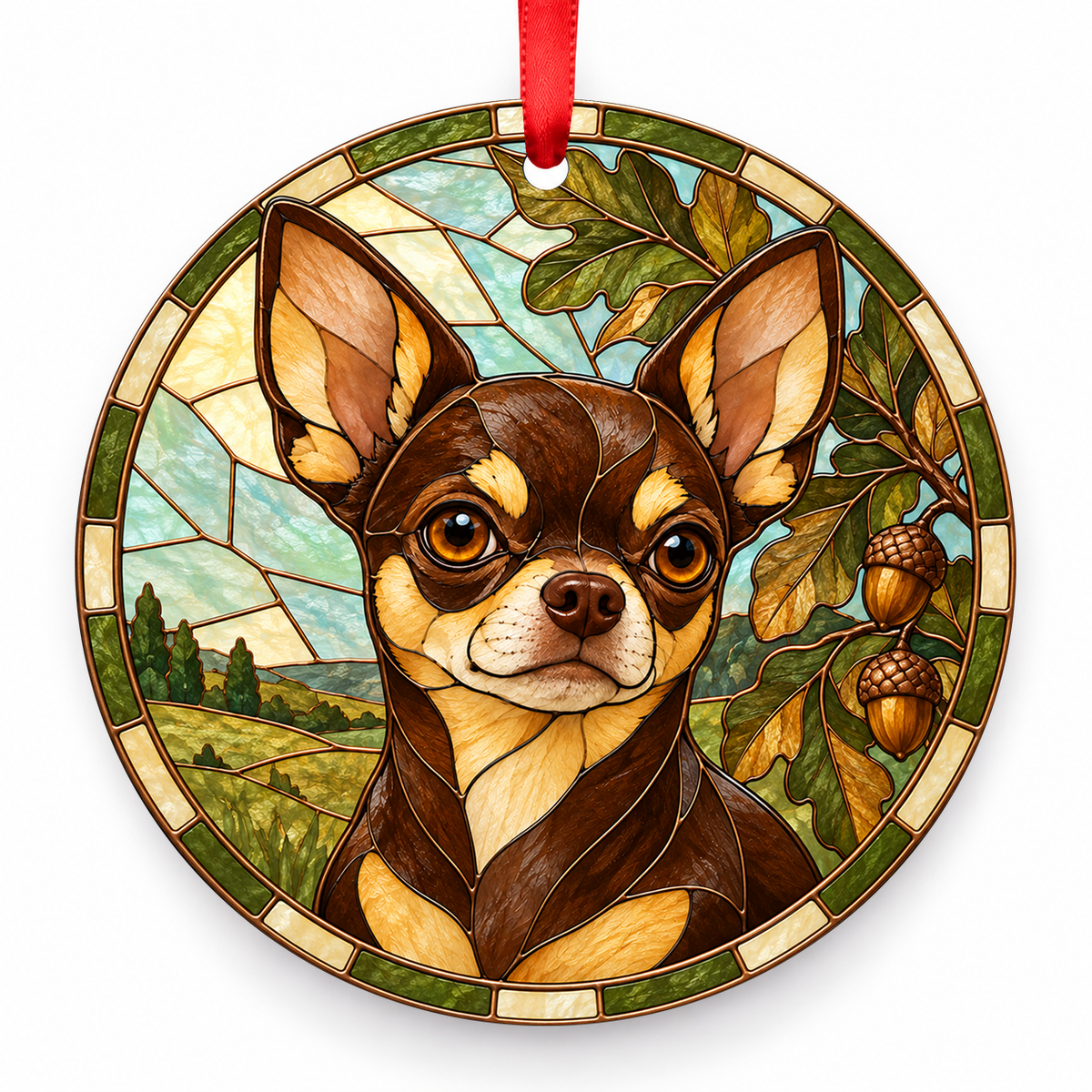 Chihuahua Chocolate and Tan porcelain Christmas ornament with red ribbon — ORN-10436