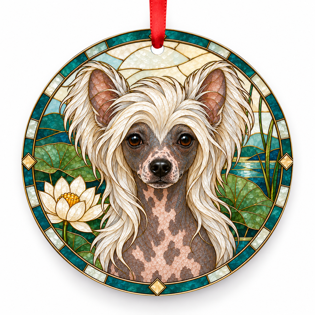 Chinese Crested Hairless Pink and Gray porcelain Christmas ornament with red ribbon — ORN-10440